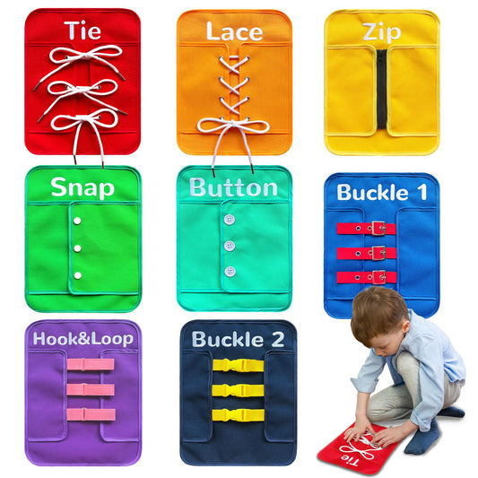 Creatoy Montessori busy board showing shoe-tying practice to build independence