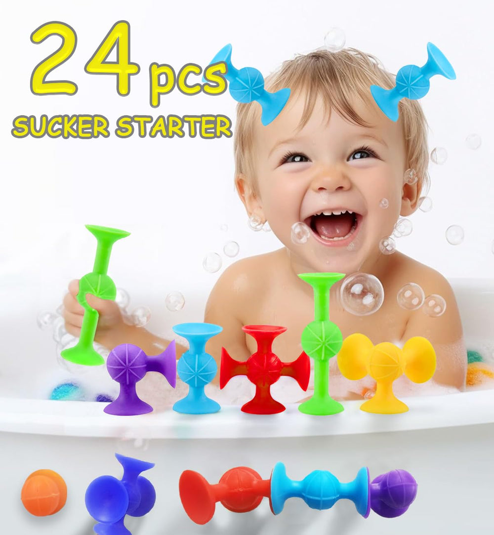 CreateView silicone suction cups bath toys on window for easy cleaning after splashy sessions