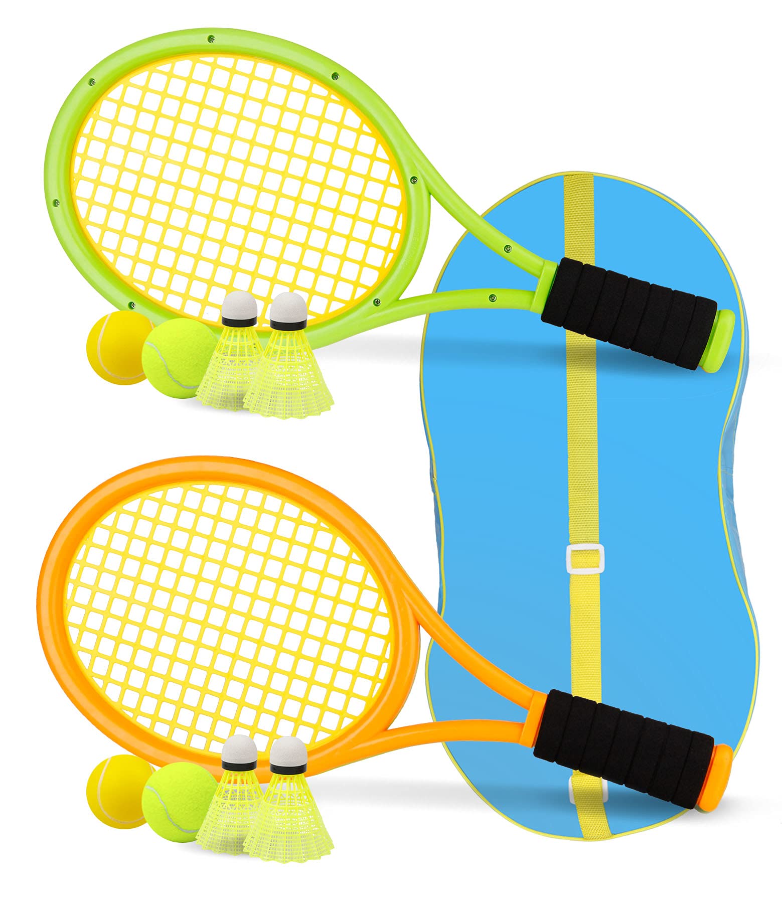 Crefotu kids tennis racket 17inch orange-green with ergonomic sponge handle for comfortable grip.