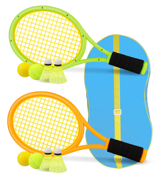 Crefotu kids tennis racket 17inch orange-green with ergonomic sponge handle for comfortable grip.