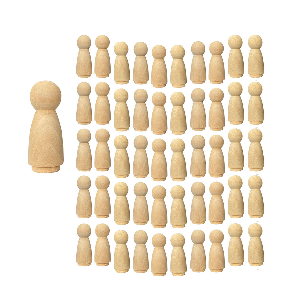 Cregugua wood peg dolls set of 50; unfinished figures ready for painting.