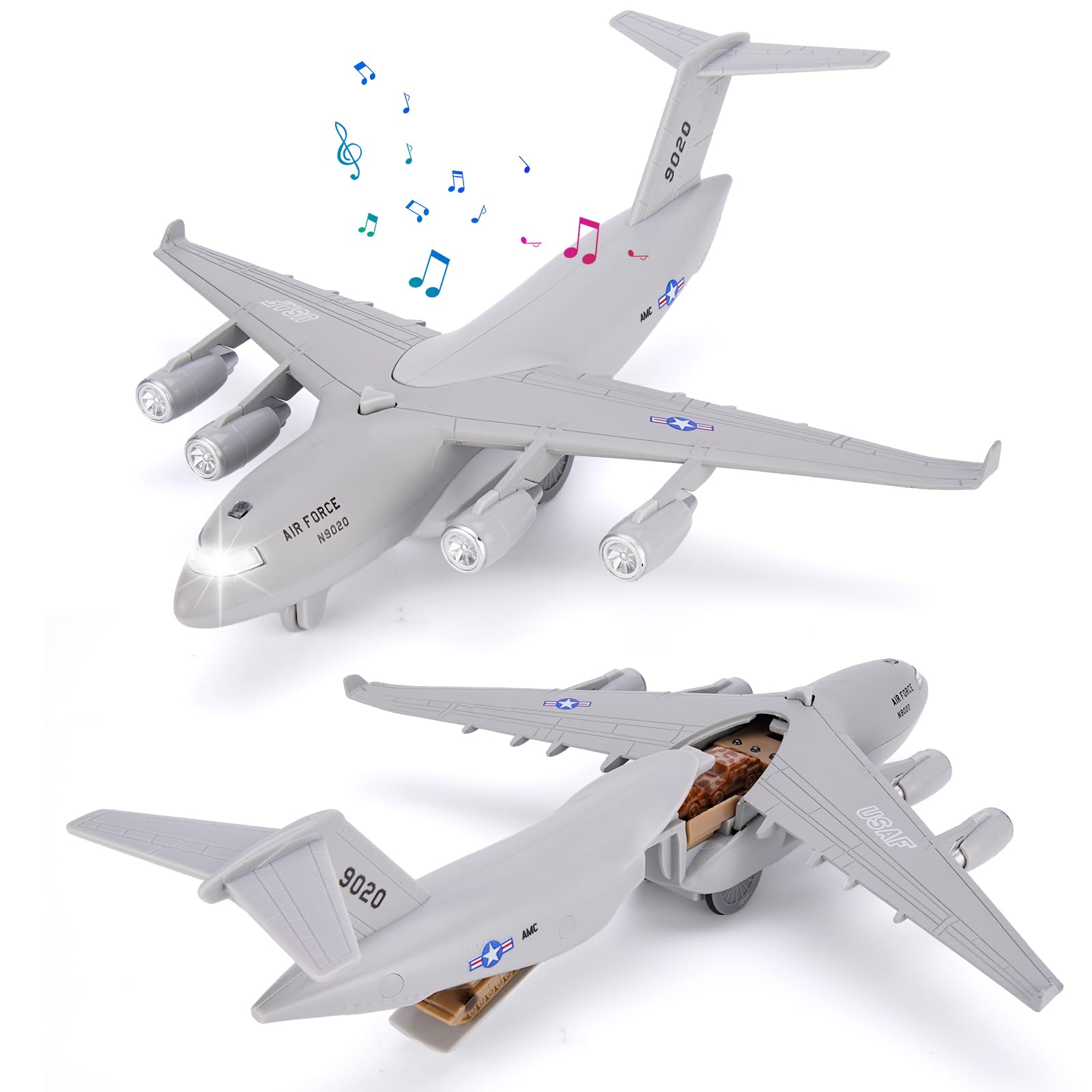 Crelloci Air Force diecast plane front view with lights for night play