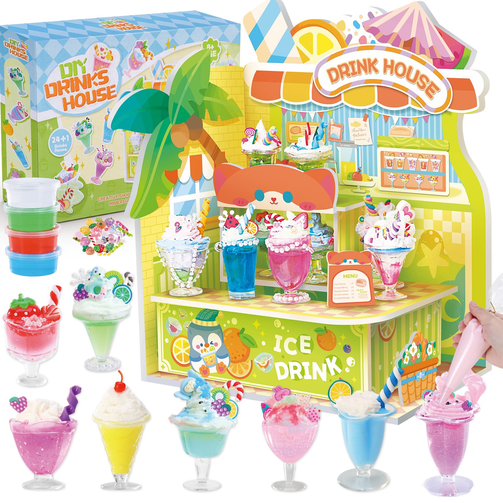 Crelloci DIY Drink Shop toy with 24 miniature drinks for pretend cafe play