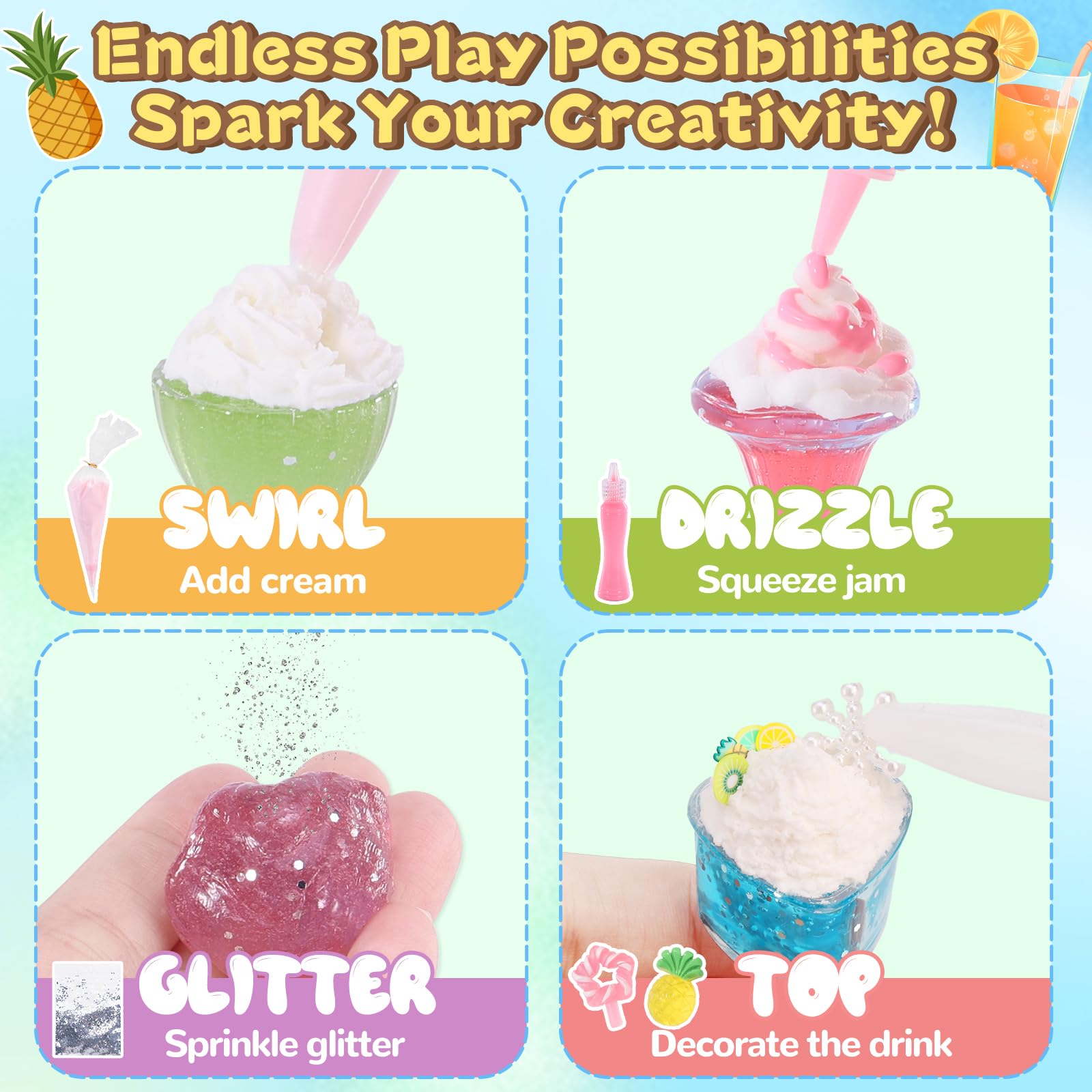 Colorful slime bottles from Crelloci kit for mixing drink colors