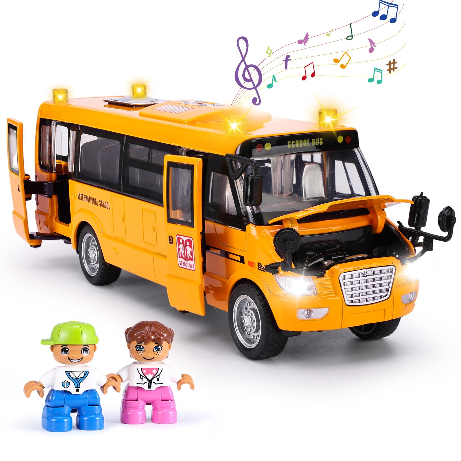 Crelloci school bus toy with front door open for realistic pretend play sessions.