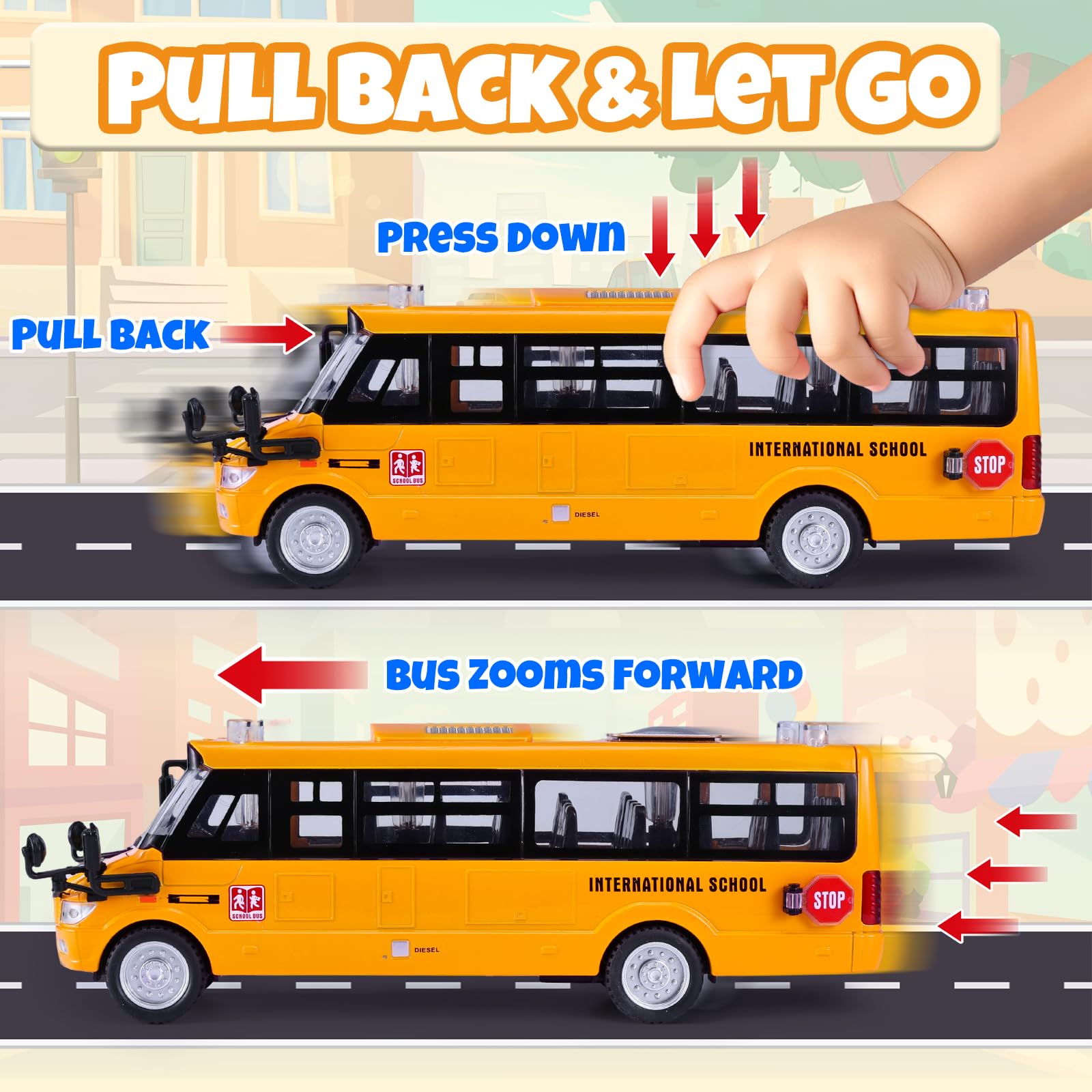 Crelloci pull-back action bus demonstrates easy coasting for quick, active play.
