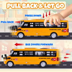 Crelloci pull-back action bus demonstrates easy coasting for quick, active play.