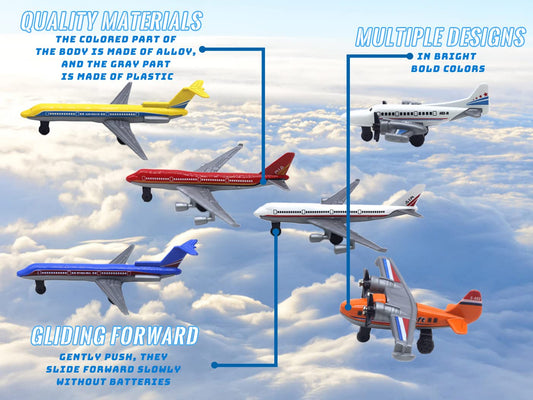 Crelloci toy airplane 6-pack airlines planes; durable metal and plastic mix.