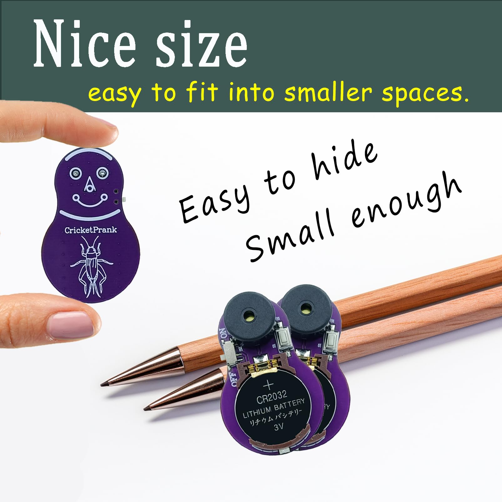 CricketPrank mini prank device closeup highlighting compact hiding-friendly design.