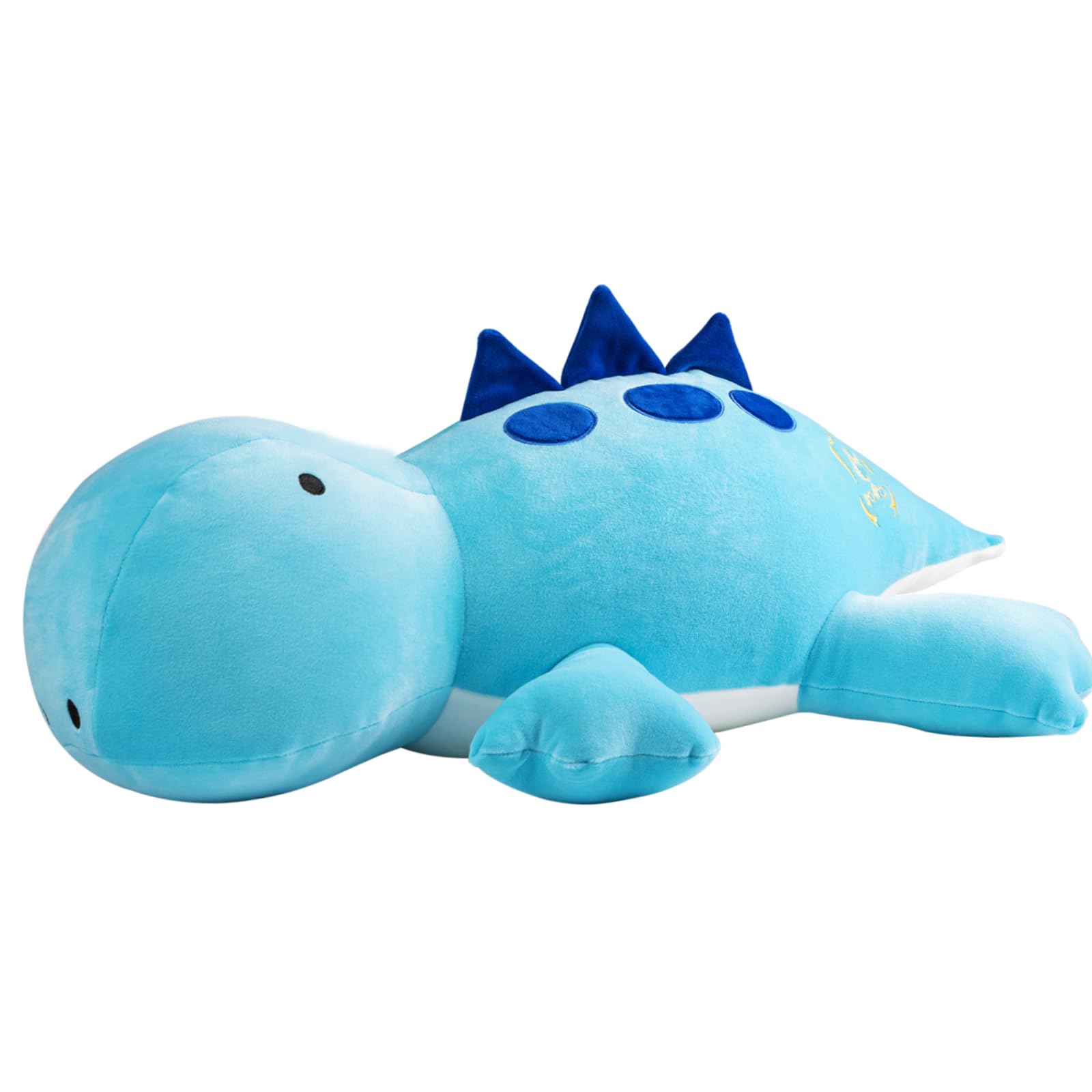 Crillop blue dinosaur plush close-up from front detailing soft fabric and weight design.