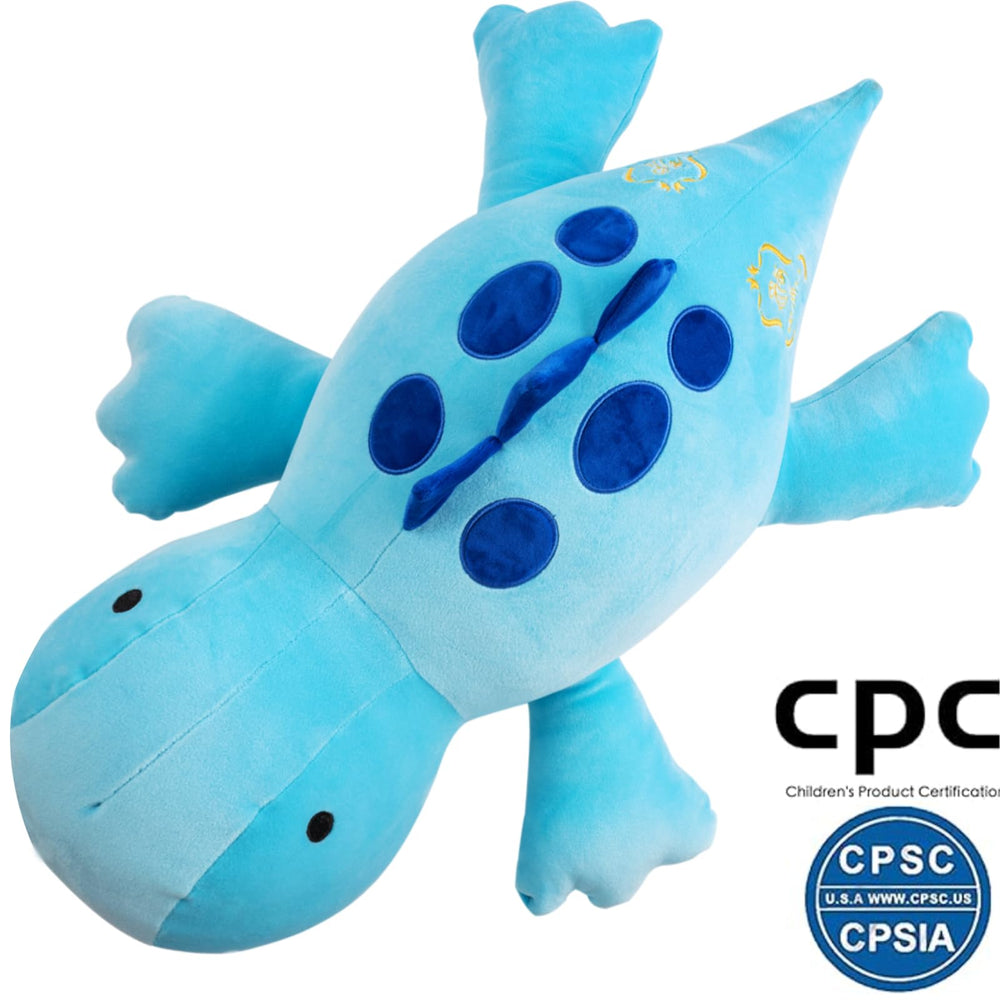 Crillop blue dinosaur plush side view highlighting stable weight placement for a steady hug.