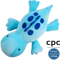 Crillop blue dinosaur plush side view highlighting stable weight placement for a steady hug.