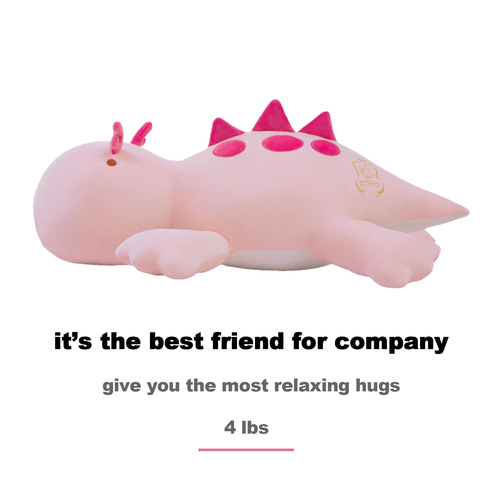 Crillop pink dinosaur head detail showing fixed weight placement for stable hugs.