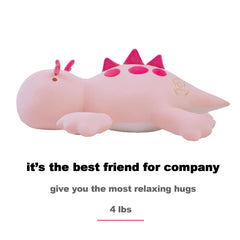 Crillop pink dinosaur head detail showing fixed weight placement for stable hugs.