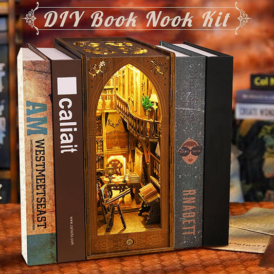 CRIOLPO Book Nook Kit library detail featuring tables and telescope