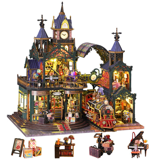 CRIOLPO DIY dollhouse kit exterior view highlights vintage charm and display potential.