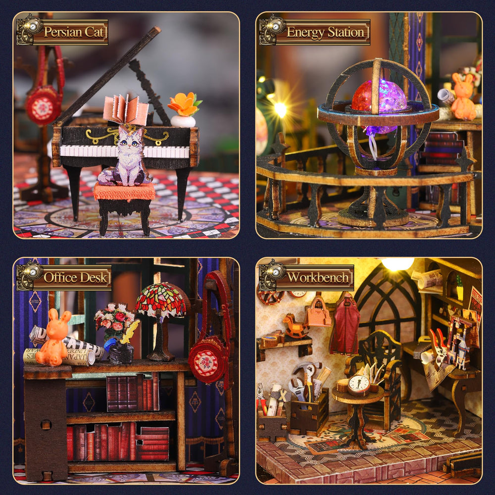 CRIOLPO DIY dollhouse kit warm LED lighting illuminating interior scenes.