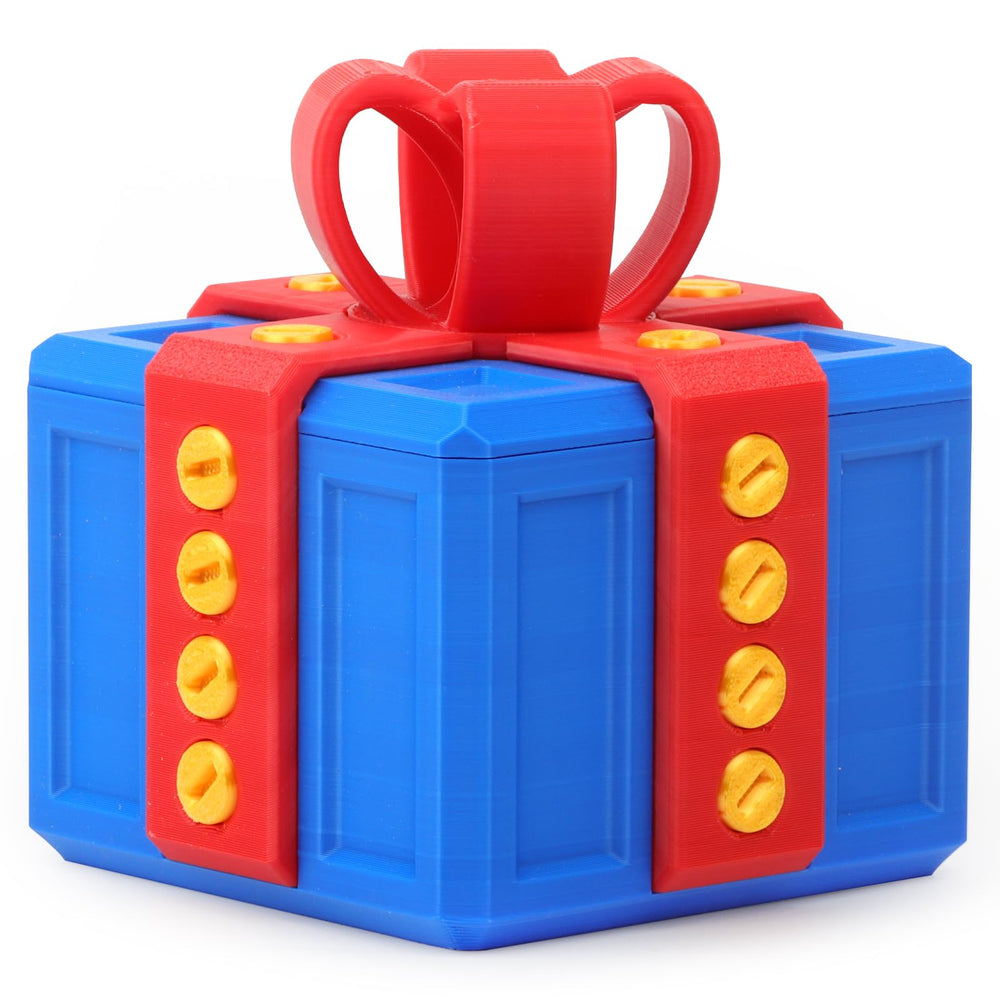 Critigulf annoying gift box with 3D screws in blue and red, for playful, surprising reveals.