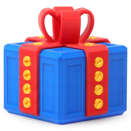 Critigulf annoying gift box with 3D screws in blue and red, for playful, surprising reveals.