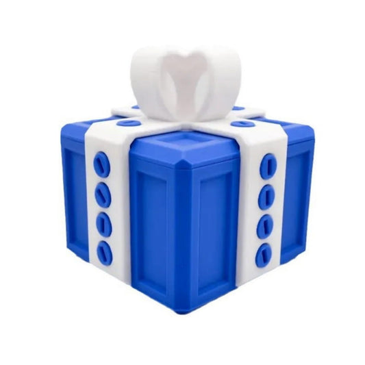 Critigulf prank gift box with screws in blue and white builds anticipation for a playful reveal.