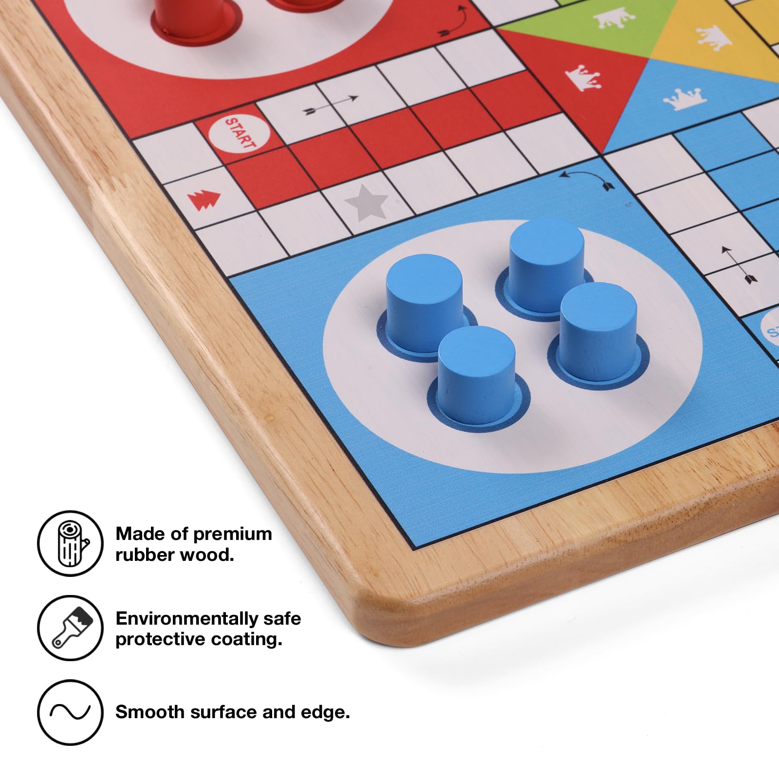 Crobyi 12in Ludo Snakes and Ladders board back view highlights 2-in-1 convenience.