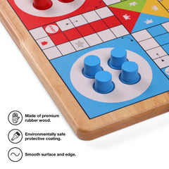 Crobyi 12in Ludo Snakes and Ladders board back view highlights 2-in-1 convenience.