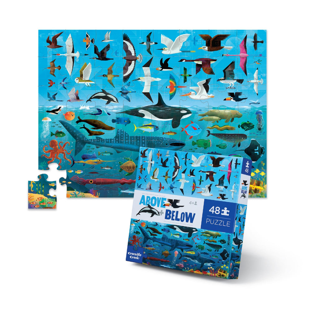Crocodile Creek Above + Below floor puzzle on living room floor, inviting play