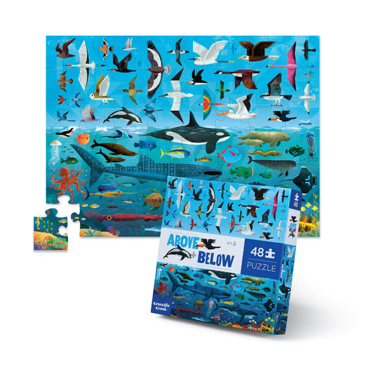 Crocodile Creek Above + Below floor puzzle on living room floor, inviting play