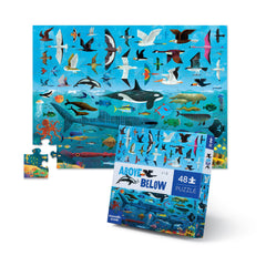 Crocodile Creek Above + Below floor puzzle on living room floor, inviting play