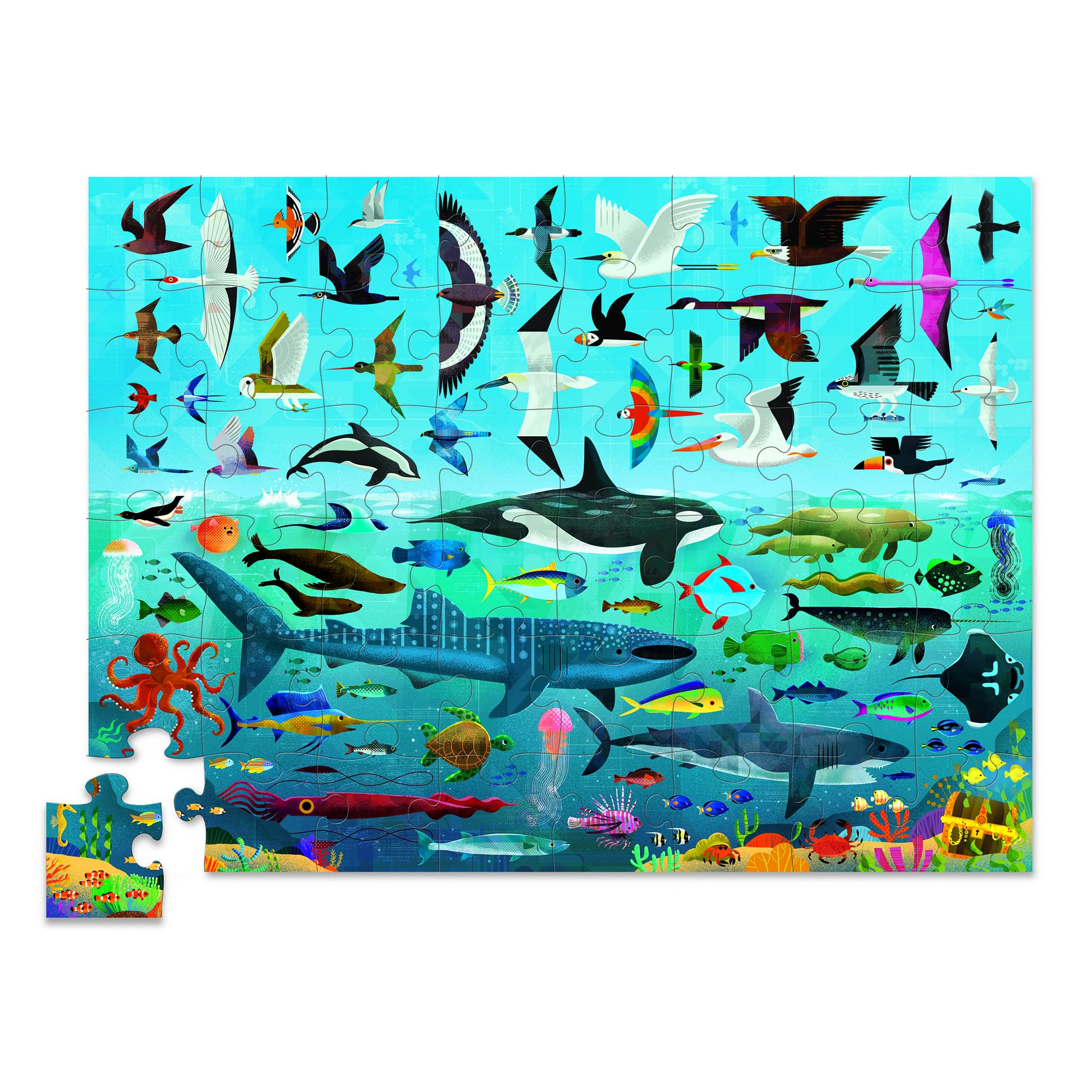 Two kids playing Crocodile Creek Above + Below puzzle on the floor