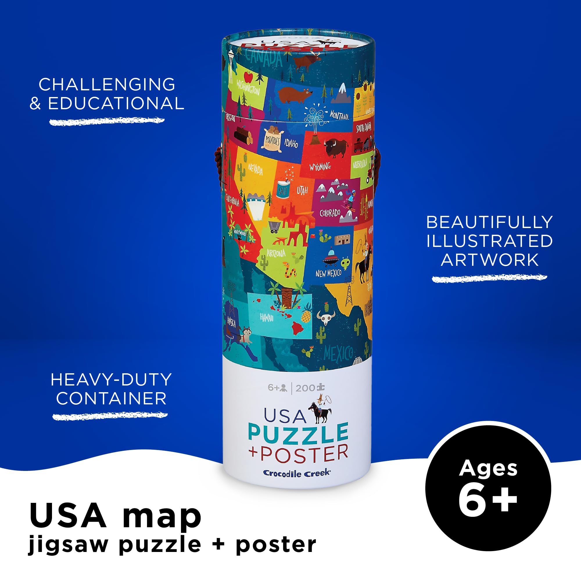 Crocodile Creek puzzle storage cylinder with rope handle keeps pieces organized.