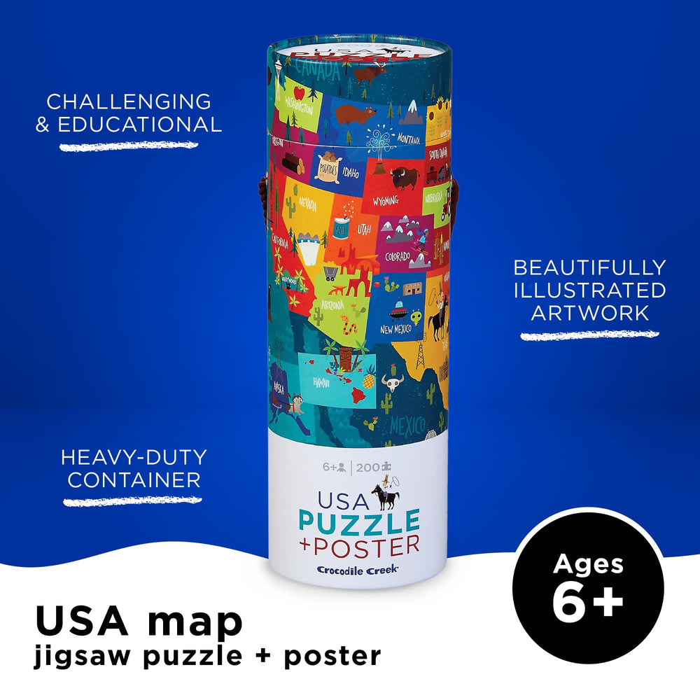 Crocodile Creek puzzle storage cylinder with rope handle keeps pieces organized.