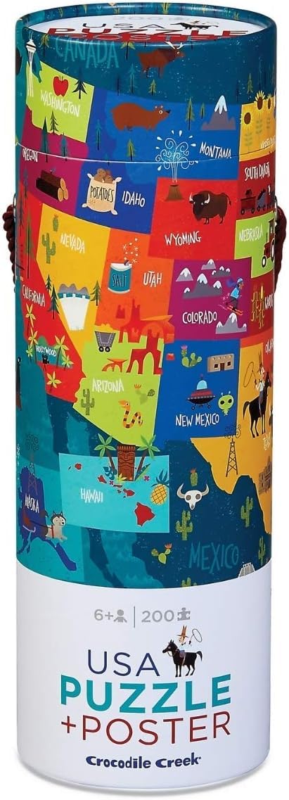 Crocodile Creek USA Map 200-piece puzzle finished layout, ideal for family learning.