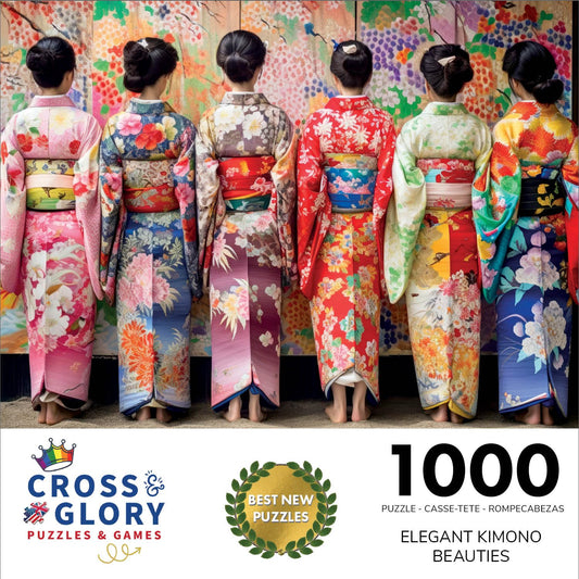 Cross and Glory 1000-piece puzzle artwork showing intricate kimono patterns and cultural charm