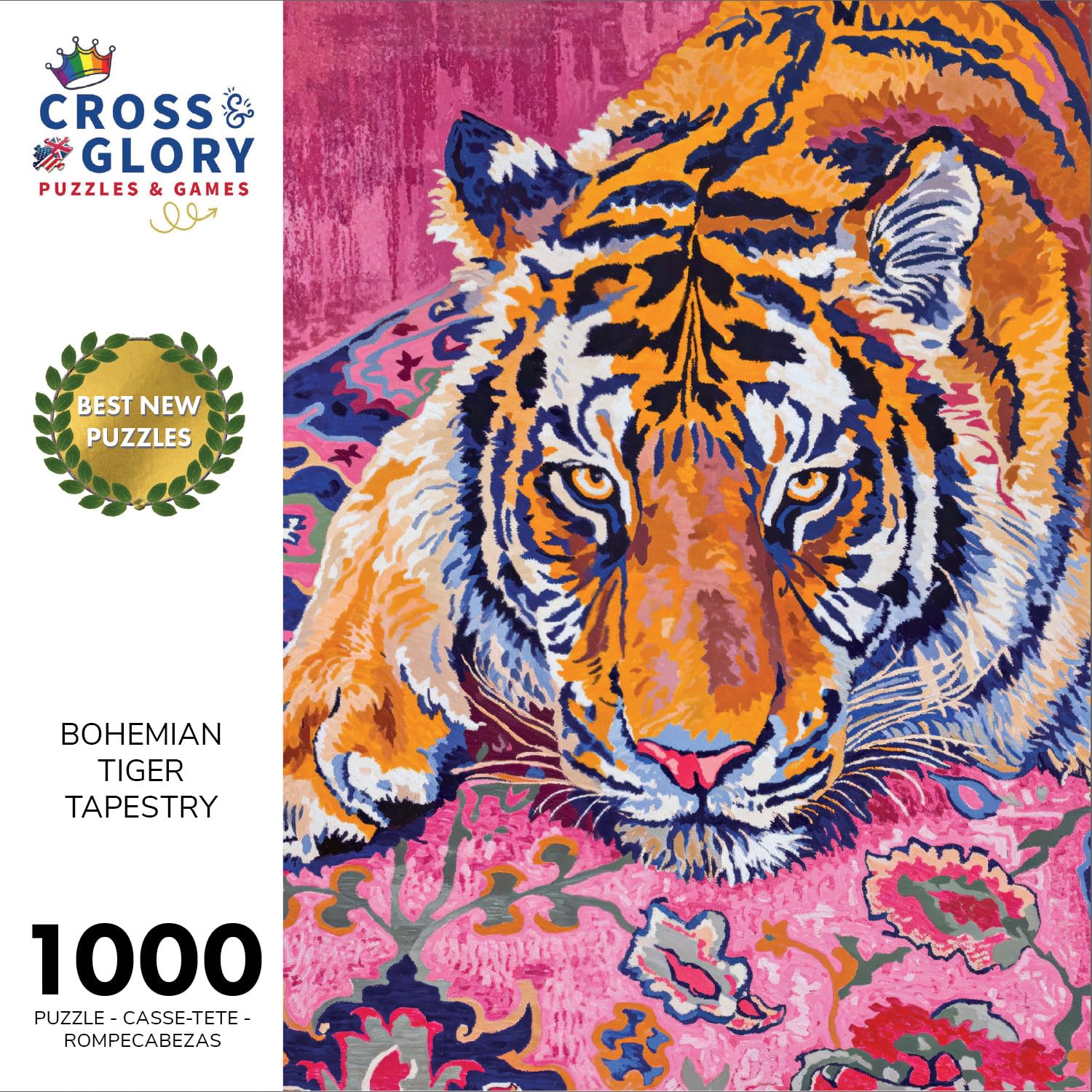 Cross & Glory Bohemian Tiger Tapestry piece closeup highlights intricate colors.