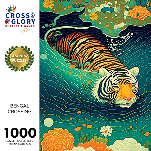 Cross & Glory Bengal Crossing tiger river scene for focused puzzling