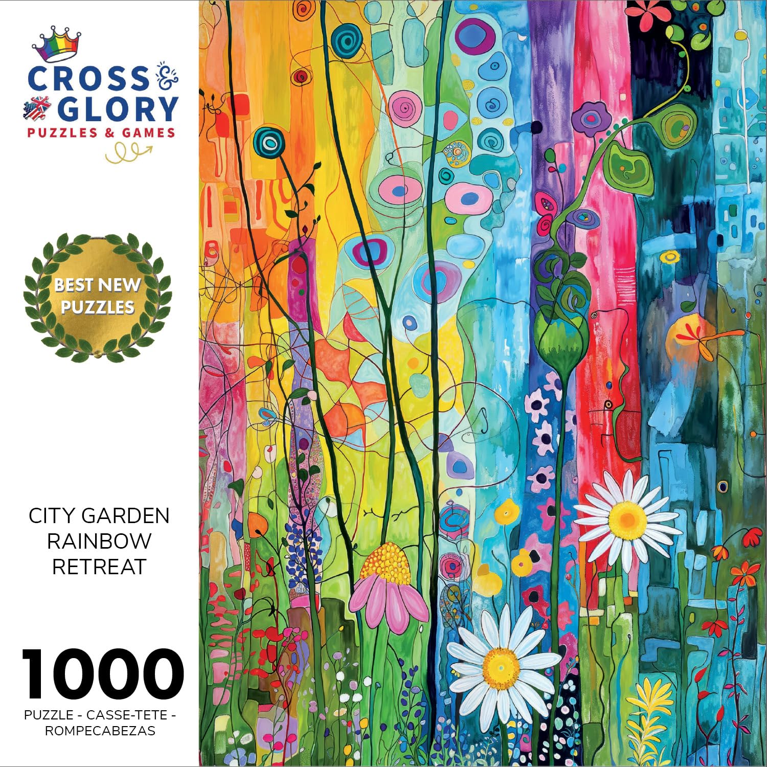 Cross & Glory Rainbow Retreat puzzle pieces bring vibrant city-floral imagery to life.