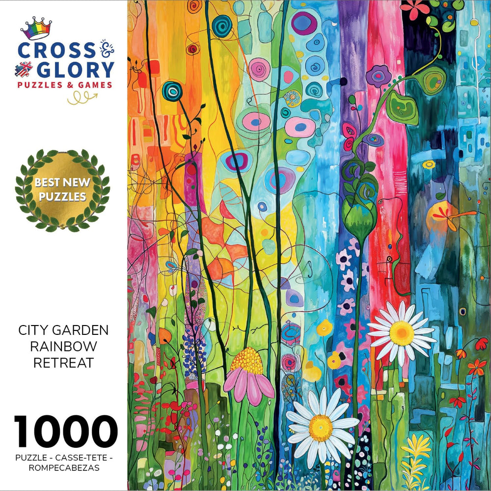 Cross & Glory Rainbow Retreat puzzle pieces bring vibrant city-floral imagery to life.