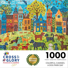 Cross & Glory Colorful Canines puzzle dogs playing—bright colors enhance family puzzle time.