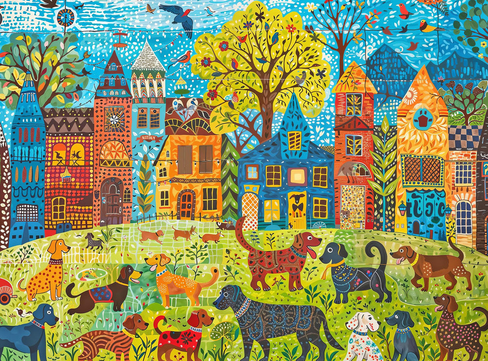 Cross & Glory Colorful Canines puzzle front view—vibrant dog park scene for engaging puzzling sessions.