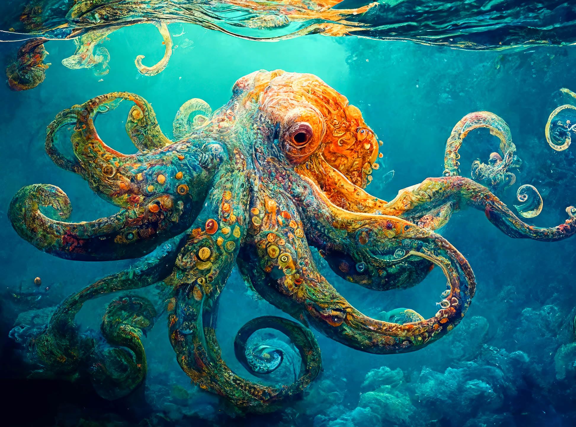Cross & Glory Deep Blue Octopus Odyssey puzzle image with deep-sea hues for focused relaxation.