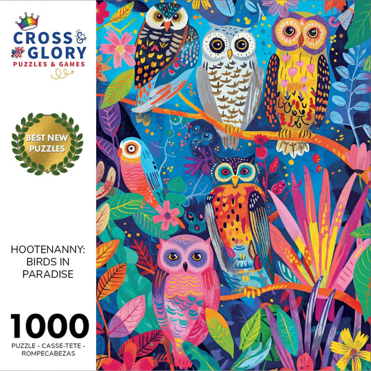 Cross & Glory Hootenanny owls in a lush garden close-up for mindful puzzling.