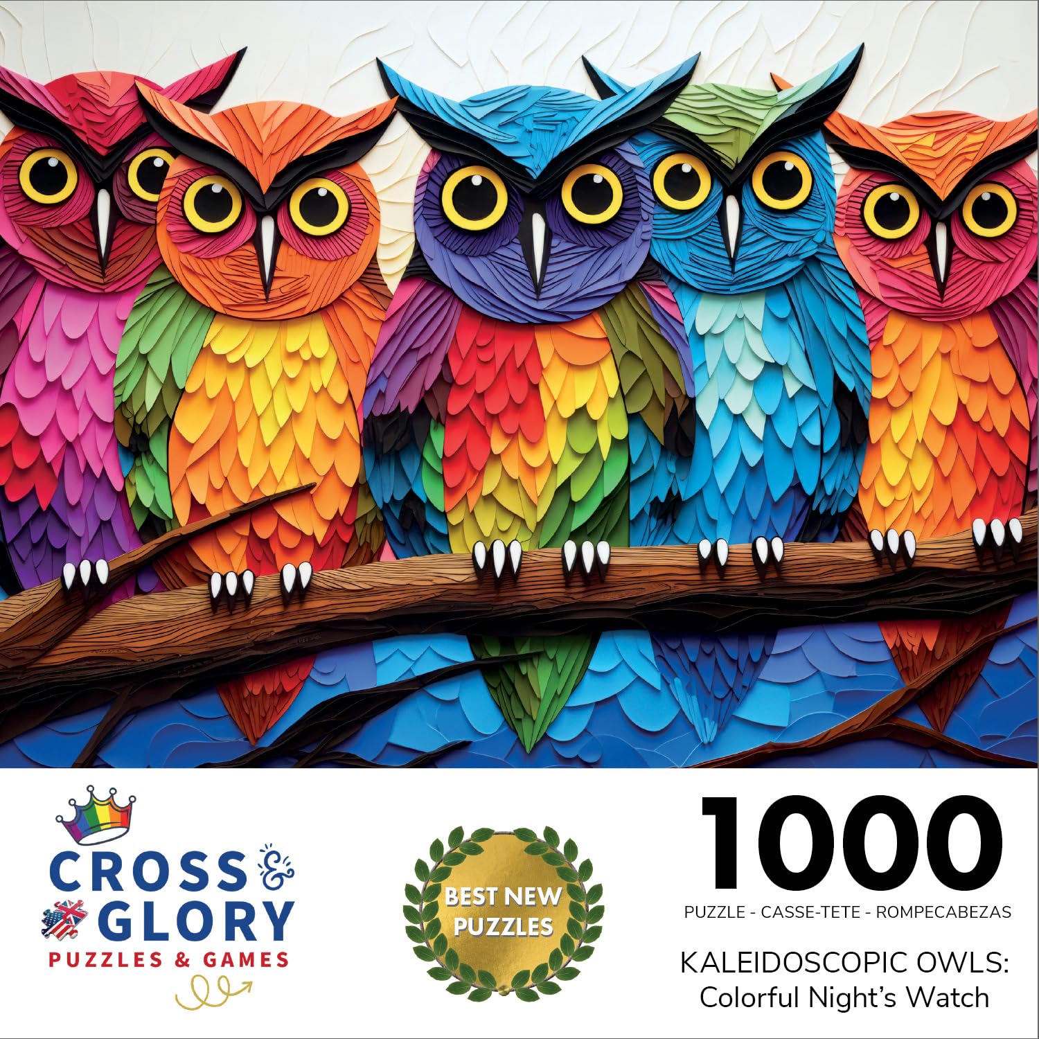 Cross & Glory Kaleidoscopic Owls colorful-pieces image invites immersive, satisfying puzzle solving.