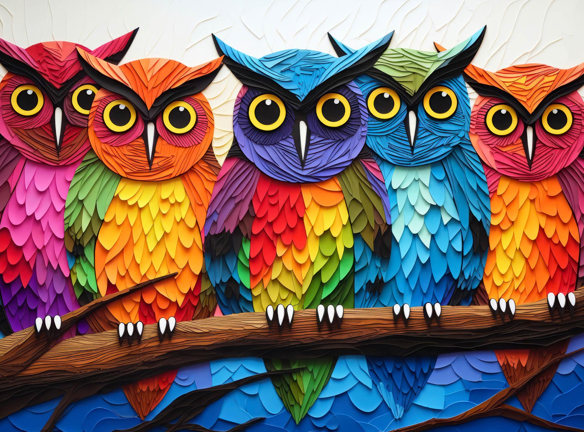 Cross & Glory Kaleidoscopic Owls night-watch cover highlights vivid hues for a relaxing puzzle session.