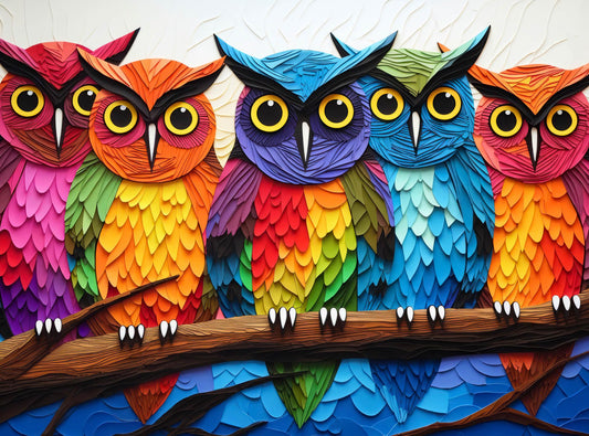 Cross & Glory Kaleidoscopic Owls night-watch cover highlights vivid hues for a relaxing puzzle session.