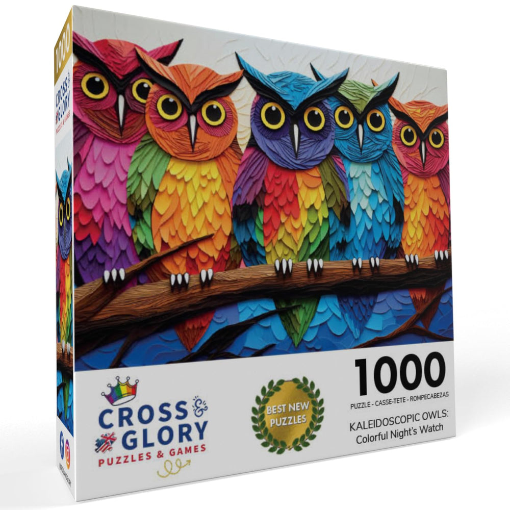 Cross & Glory Kaleidoscopic Owls owl-illustration shows five owls in bright tones for visual interest.