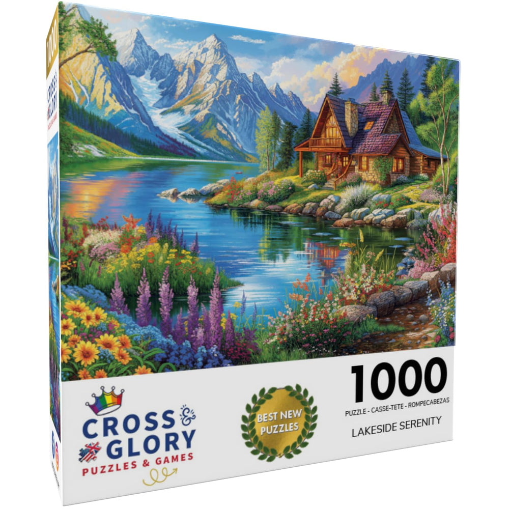 Cross & Glory Lakeside Serenity mountain peaks scene inspires reflective puzzle time.