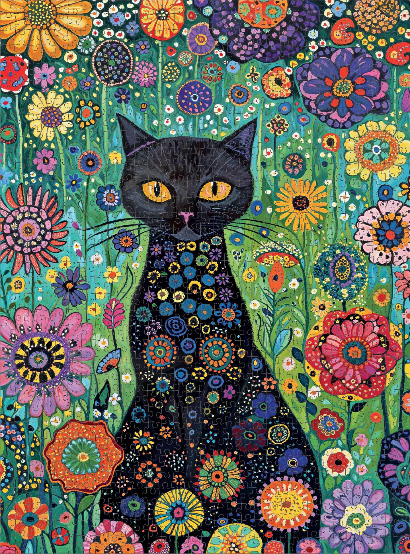 Cross & Glory midnight cat silhouette stands out against petals for focused puzzle work