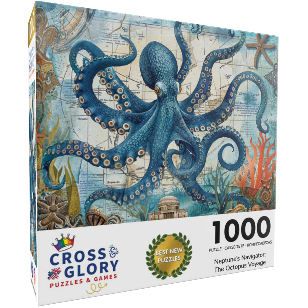 Cross & Glory Neptune's Navigator ancient sea-life and treasure motifs inviting visual immersion.