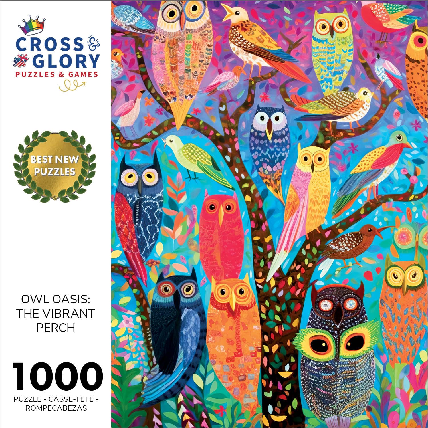 Cross & Glory Owl Oasis vibrant-perch puzzle image showcases vivid colors and intricate details.